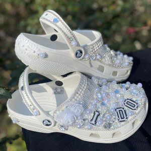 White Women's Bridal Wedding Custom Crocs Bling Pearls Bride Size 7